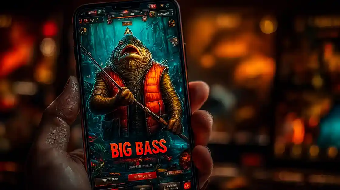 A close-up of a hand holding a smartphone showcasing a BIG BASS fishing game, featuring an anthropomorphic fish character, highlighting the engaging casual games on 77fb.