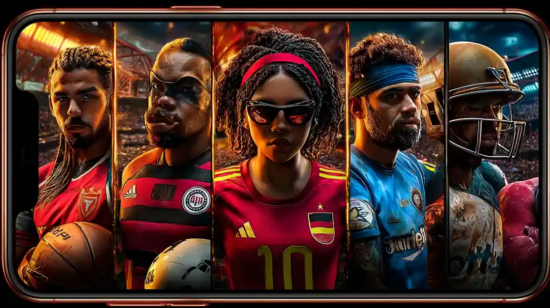 A smartphone screen displays a powerful collage of diverse male and female athletes from various sports, including football and soccer, representing the comprehensive sports betting options at 77fb.