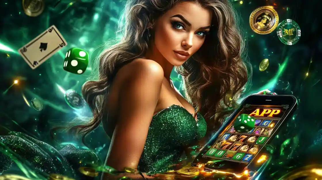 An enchanting woman with flowing hair, adorned in green, gazes captivatingly, surrounded by floating cards, dice, and coins, alongside a smartphone featuring the 77fb gaming app.