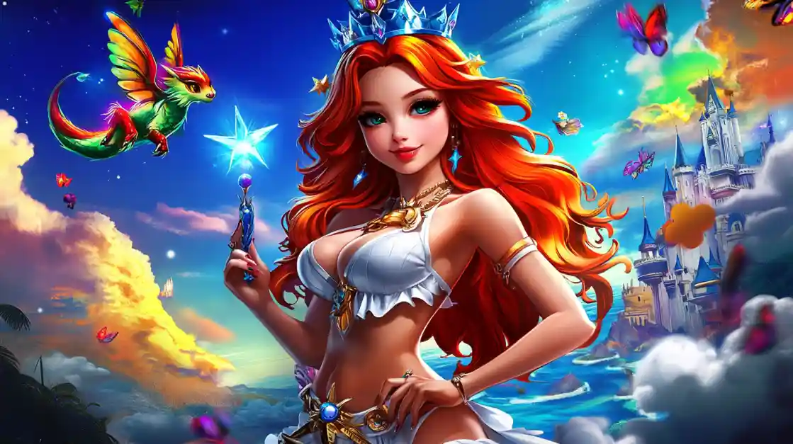 A vibrant fantasy scene featuring a beautiful princess with fiery red hair and a crown, holding a magic wand, with a small winged dragon and a fairytale castle in the background, embodying the magical world of 77fb.