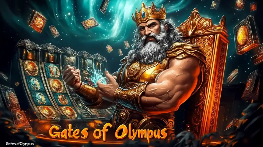 A majestic Zeus figure on a golden throne, surrounded by floating cards and a 77fb slot machine, with Gates of Olympus prominently displayed, inviting players to a mythical gaming experience.
