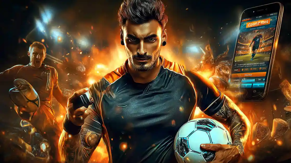 An intense male soccer player with tattoos holds a football, looking confidently at the camera with a 77fb sports betting app on a phone beside him, all set against a fiery action background.