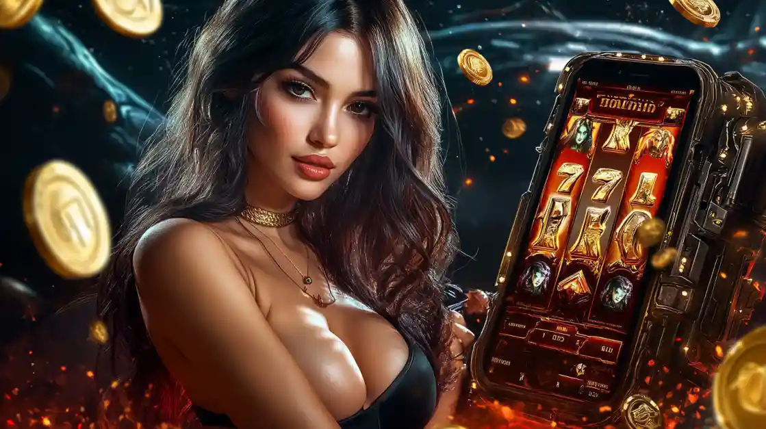 A beautiful woman in a black top looks confidently at the viewer while holding a smartphone displaying a 77fb mobile slot game with 777 symbols and golden coins.