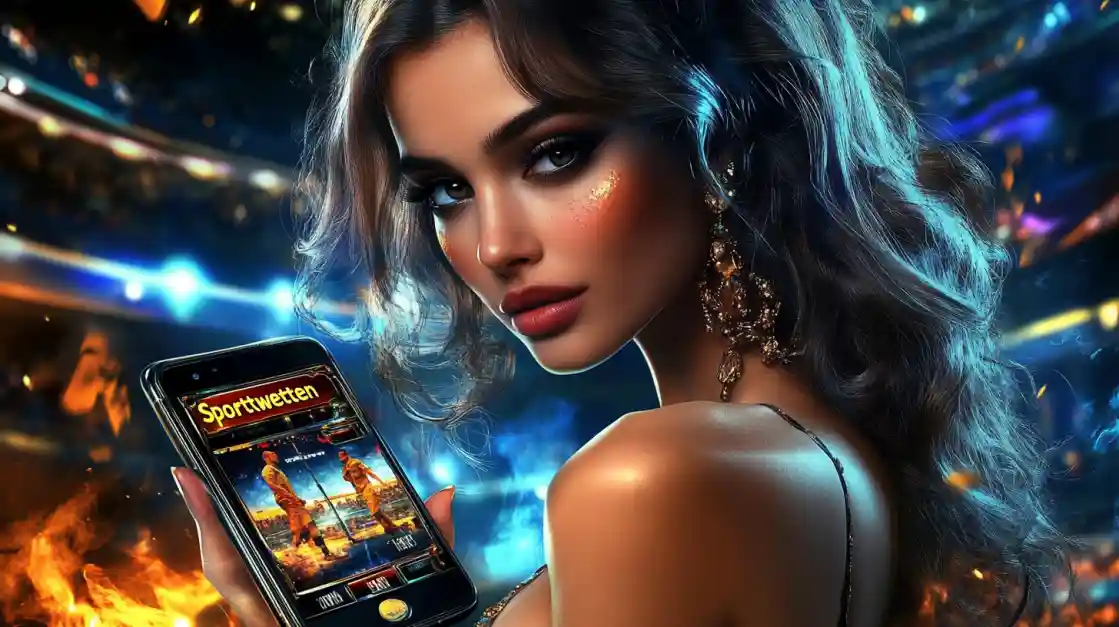 A glamorous woman with elegant makeup looks over her shoulder, holding a smartphone displaying the 77fb sports betting app against a vibrant stadium backdrop with fire effects.